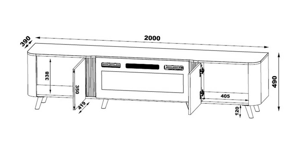 Mobile porta TV Vicino, Madia da salotto con due ante battenti e camino elettrico, Rialzato da terra, 191x40 h58 cm, Nero e Noce