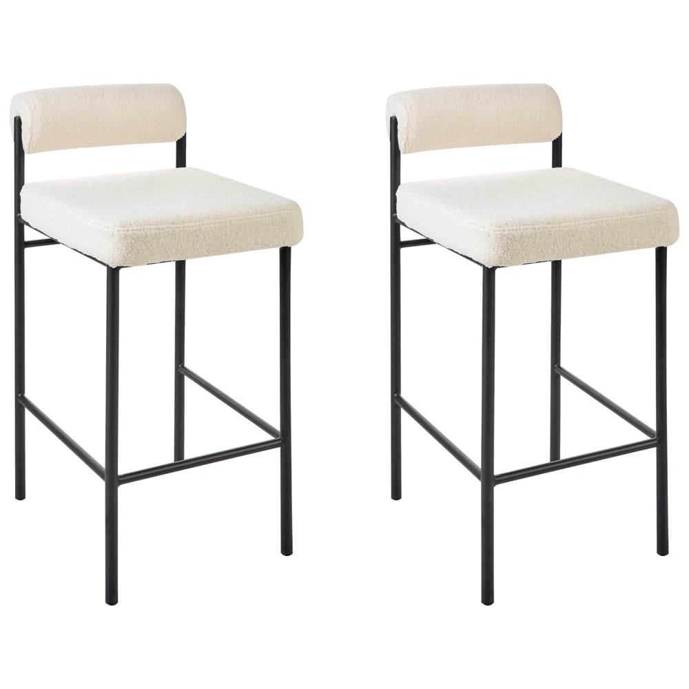 Set di 2 sedie da bar Rivestimento in poliestere boucle bianco Gambe in metallo nero Sgabelli senza braccioli Schienale a rotolo Cucina moderna sala da pranzo