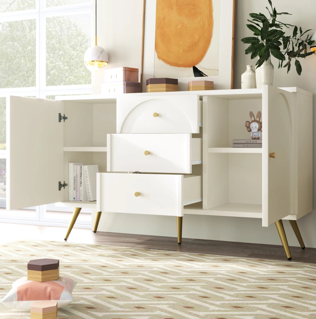 Credenza crema con 2 ante, 3 cassetti e ripiano regolabile