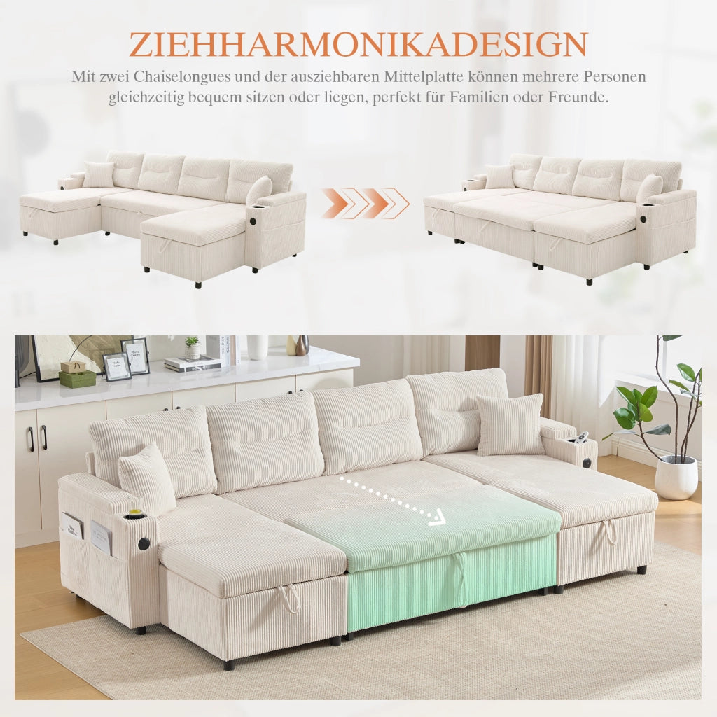 DIVANO 4 posti con doppia chaise longue 272x136x86 cm in corduroy beige