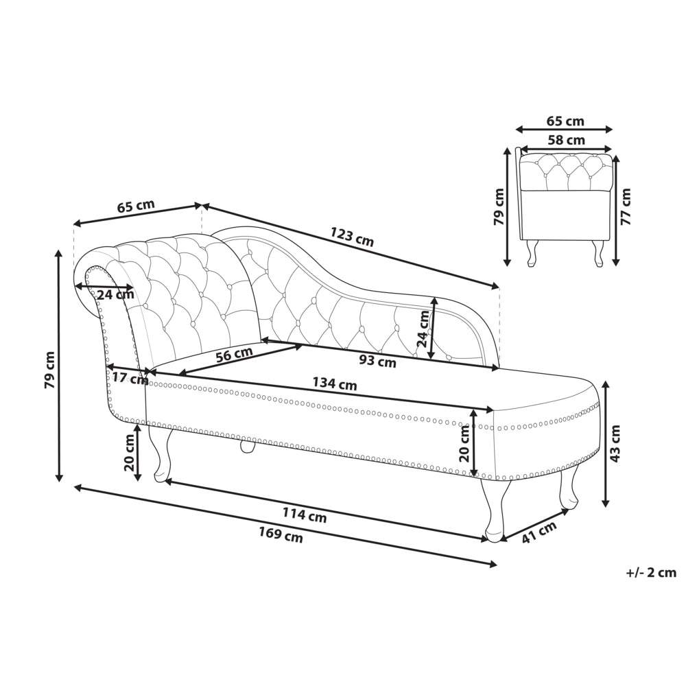 Chaise longue in velluto tortora versione sinistra Con Bottoni stile retrò