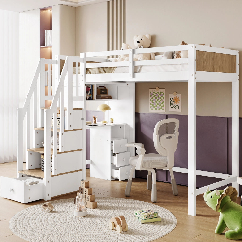 LETTO a castello con scrivania, scala contenitore, 90x200 cm, bianco/naturale