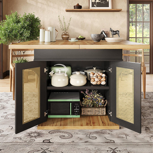 Tavolo estensibile - Xylo - 110-140x80cm con ante in rattan per cucina/soggiorno