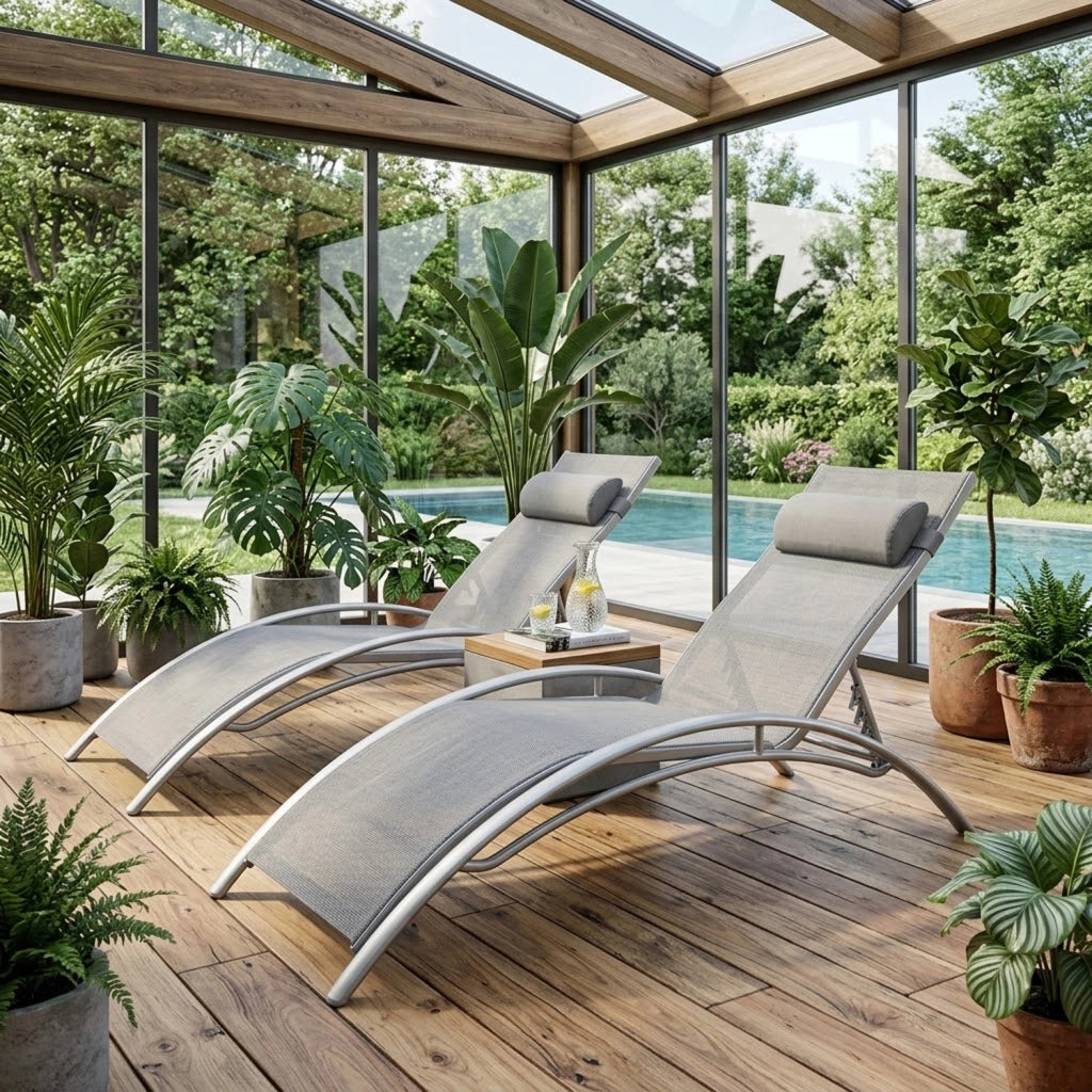 Set 2 Lettini Prendisole Pieghevoli Da Giardino Con Schienale Reclinabile 5 Posizioni In Textilene Traspirante Per Relax Piscina E Terrazza 59 x 158 x 81.5 Cm Grigio