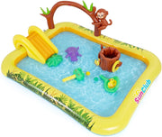 Piscina Gonfiabile per Bambini, Piscinetta Fuori Terra con Scivolo, Giocattoli di Scimmia, Ippopotamo e Anatra, Parco Gioco Acquatico Esterno per Giardino e Cortile, per Bambini 2-6 Anni