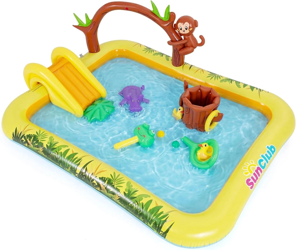Piscina Gonfiabile per Bambini, Piscinetta Fuori Terra con Scivolo, Giocattoli di Scimmia, Ippopotamo e Anatra, Parco Gioco Acquatico Esterno per Giardino e Cortile, per Bambini 2-6 Anni