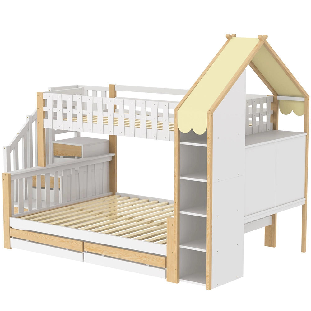Letto a castello-Xylo-90x200+140x200cm, 2 cassetti, barriera, scala