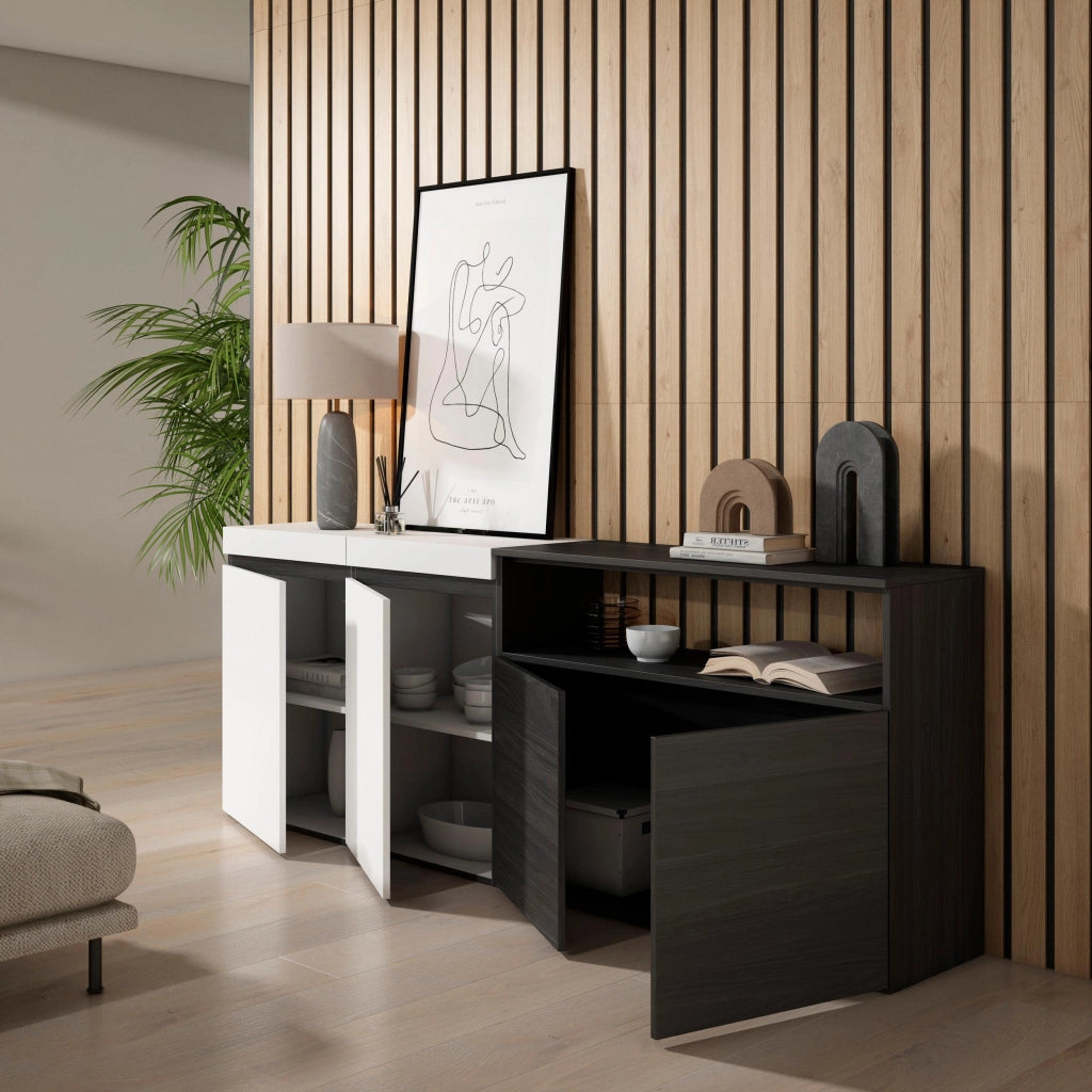 Credenza, Mobile, 200x35x75cm, 4 Porte, grande stoccaggio, Bianco e nero RF2403