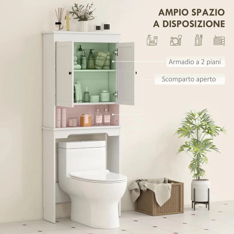MOBILE SOPRA WC CON 3 MENSOLE CHIUSE E RIPIANO APERTO, IN LEGNO, 65X22X161 CM, BIANCO