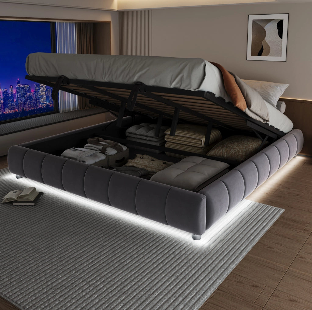 Letto imbottito grigio 180×200 cm con vano contenitore idraulico e luce LED
