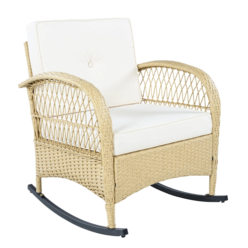 Salotto da Giardino con 2 Poltrone a Dondolo e 1 Tavolino in Vetro; per Balcone e Terrazza; Rattan; Tessuto Impermeabile e Metallo; Beige