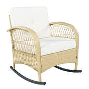 Salotto da Giardino con 2 Poltrone a Dondolo e 1 Tavolino in Vetro; per Balcone e Terrazza; Rattan; Tessuto Impermeabile e Metallo; Beige