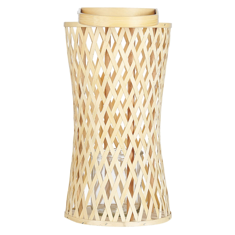 Lanterna a candela in legno di bambù naturale da 38 cm con portacandele in vetro in stile Boho per interni