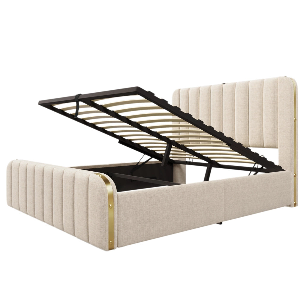 Letto matrimoniale contenitore 140x200 cm in lino beige con testiera USB e Type-C