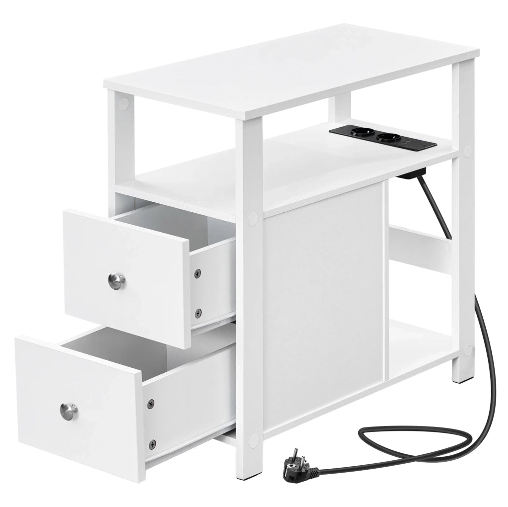 Tavolino laterale stretto bianco con prese elettriche e USB, 60x60x30 cm