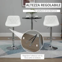 Set 2 Sgabelli da Bar, Altezza Regolabile con Base in Metallo e Seduta in Pelle PU, Sgabelli Moderni con Schienale e Poggiapiedi, 46x48x83-104cm, Bianco