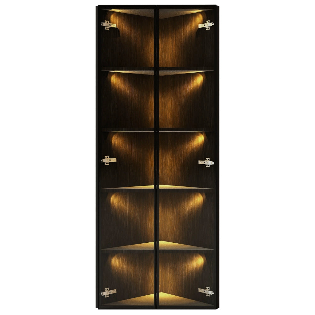 Vetrina ad Angolo con 2 Ante e LED; Stile Moderno; per Soggiorno; in MDF e Vetro Temperato; 62??35??160 cm; Nero