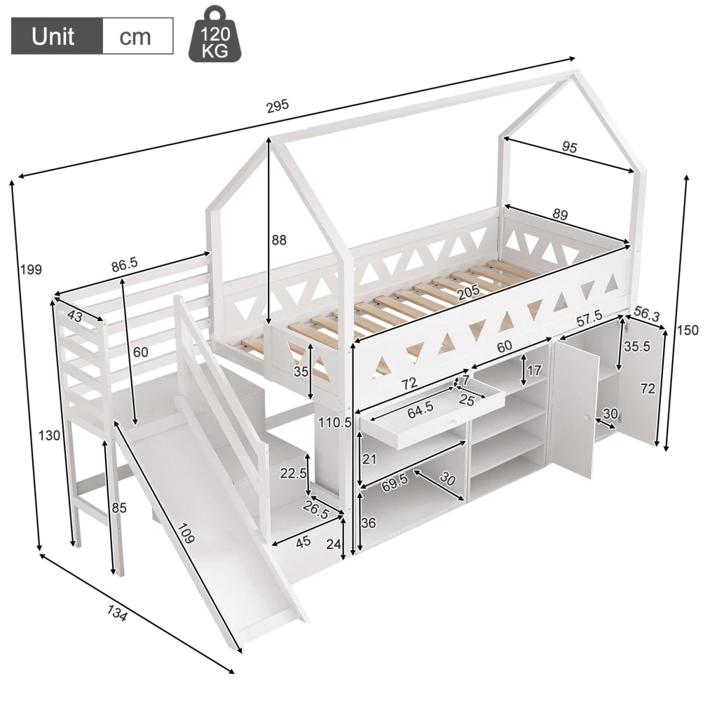 Letto per bambini 90x200 cm con scivolo, scale e cassetti