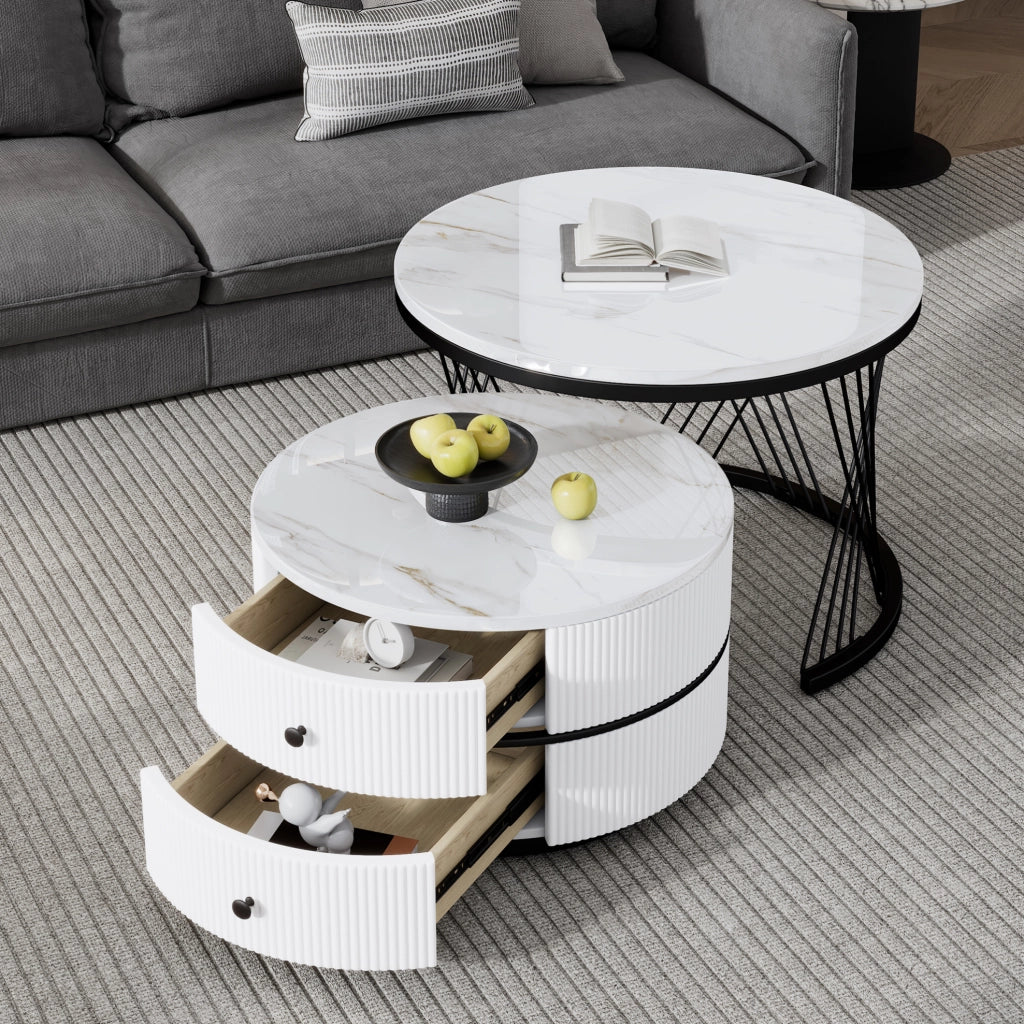 Set di tavolini da caffè rotondi 2 pezzi bianco; effetto marmo lucido; 60x60x46 cm e 50x50x31 cm