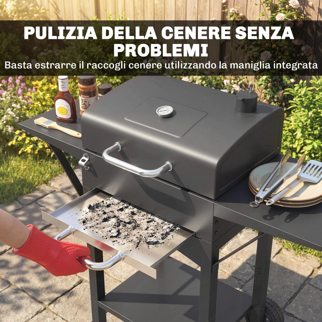 Barbecue a Carbone con 2 Ripiani Laterali, Termometro, Coperchio e Ruote, 110x46.5x101 cm, Nero
