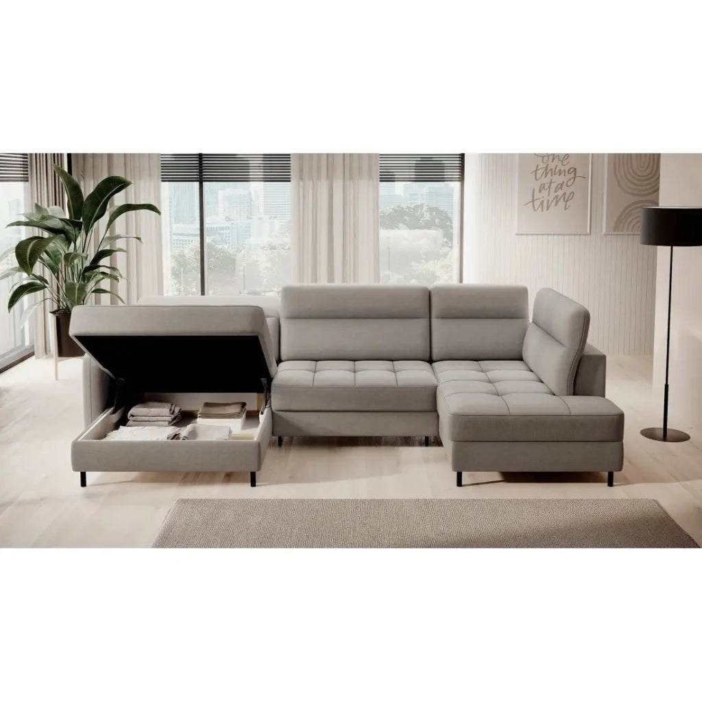 Divano ad angolo trasformabile BERTHO 306 cm grigio chiaro - Angolo sinistro con vano contenitore