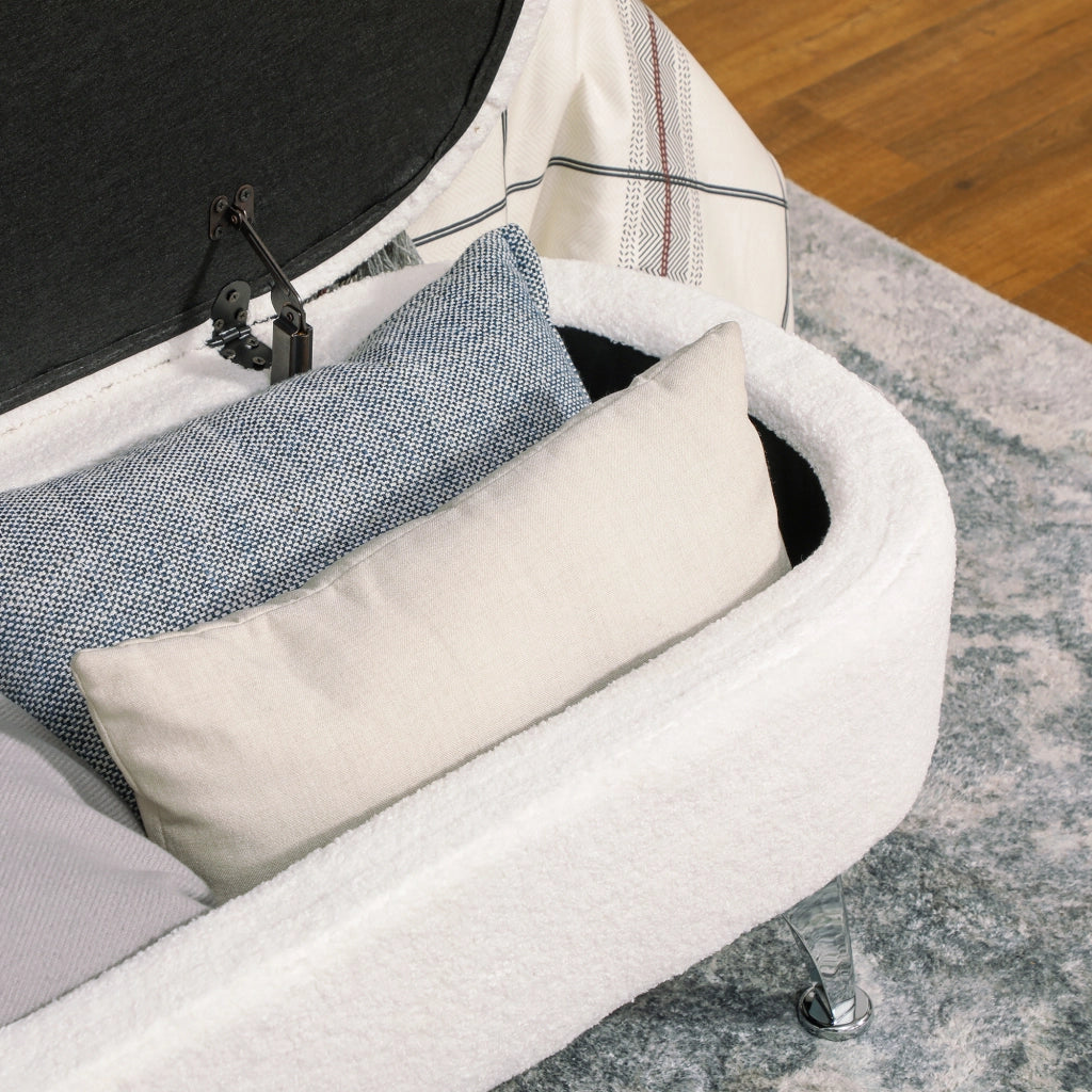 Panca contenitore imbottita con coperchio e gambe in metallo in poliestere bianco 114 × 47 × 46,5 cm