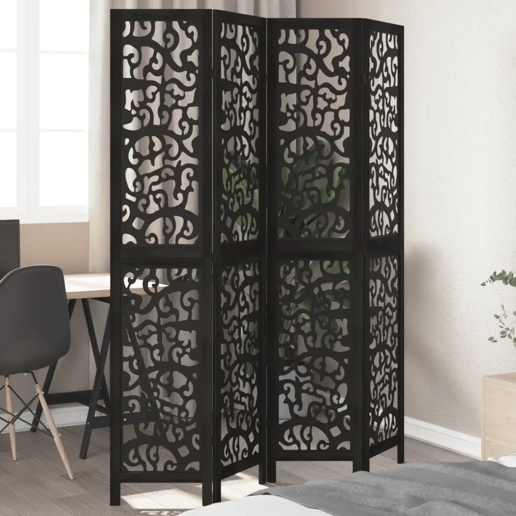 Divisorio Ambienti 4 Pannelli Nero Legno Massello di Paulownia 358755