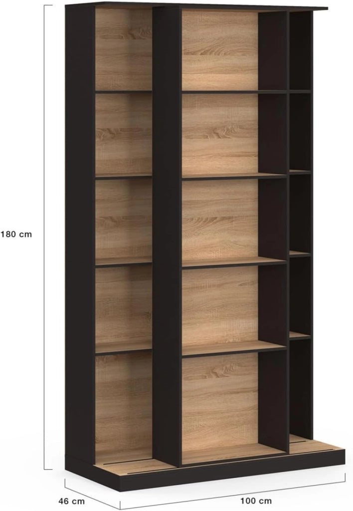 ALPHONSE Libreria scorrevole in legno e nero a 5 livelli e 15 nicchie