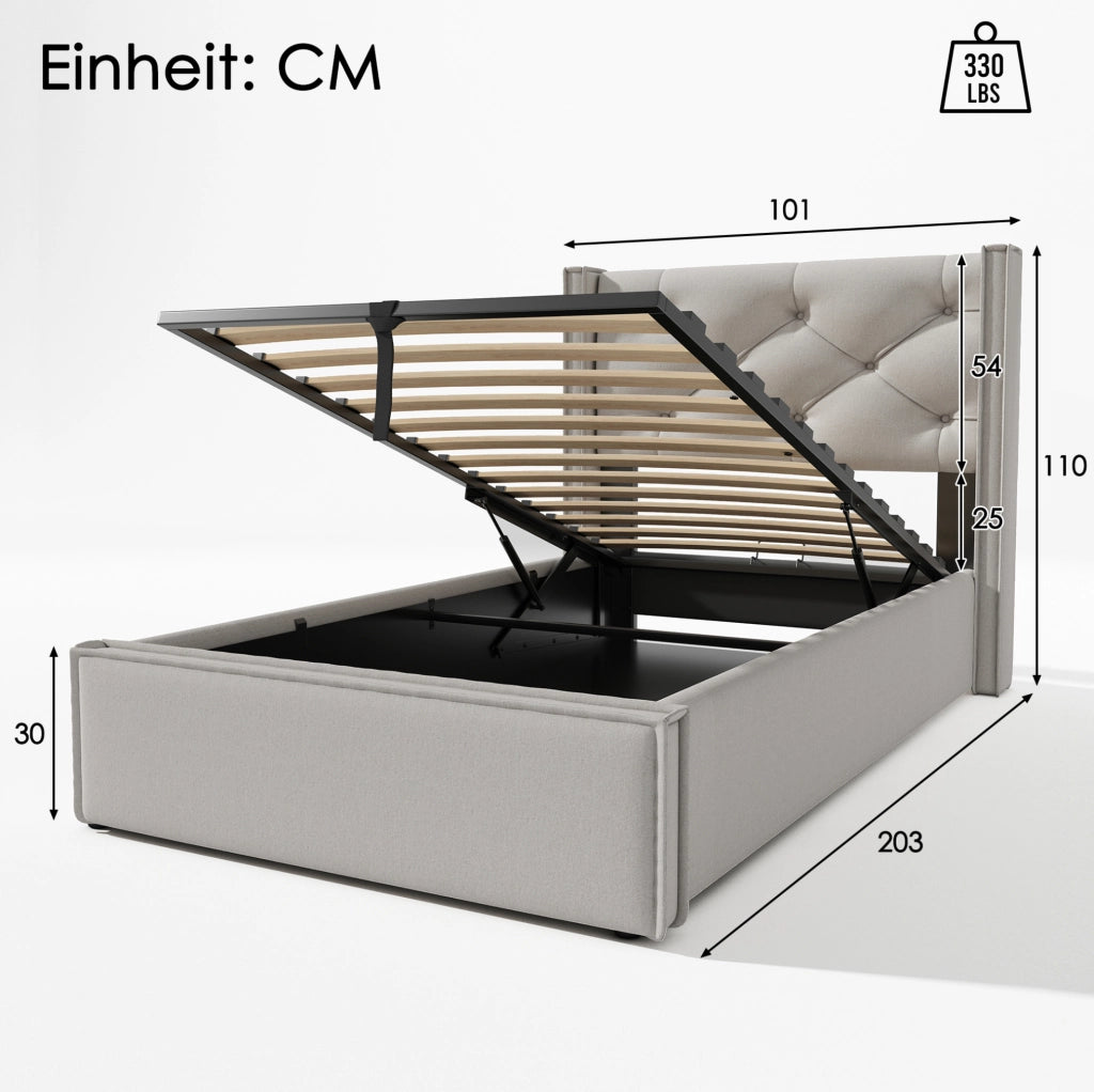 Letto imbottito 90x200 cm con contenitore e rete sollevabile; grigio chiaro