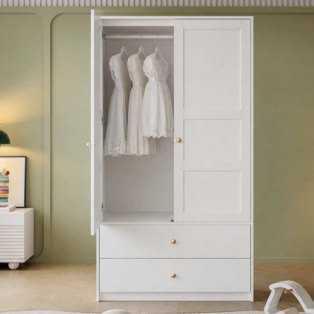 Armadio 2 ante con 2 cassetti e barra appendiabiti in MDF bianco per camera da letto 100 × 48 × 180 cm