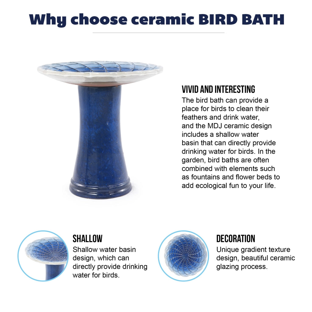 Fontana da giardino in ceramica fatta a mano con scodella ampia e base alta, resistente al gelo, blu e bianco