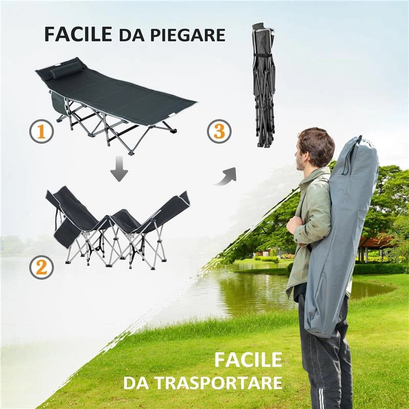 LETTINO DA CAMPEGGIO PIEGHEVOLE E IMBOTTITO CON TASCA PORTAOGGETTI, 188X64.5X53 CM, GRIGIO