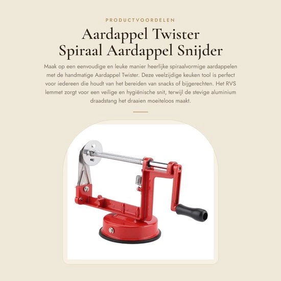 Strumento per tagliare le patate a spirale - Manuale - Fermo patate in RVS - Antiscivolo - Manico in alluminio - Utensile per la cucina - Taglia patate a spirale