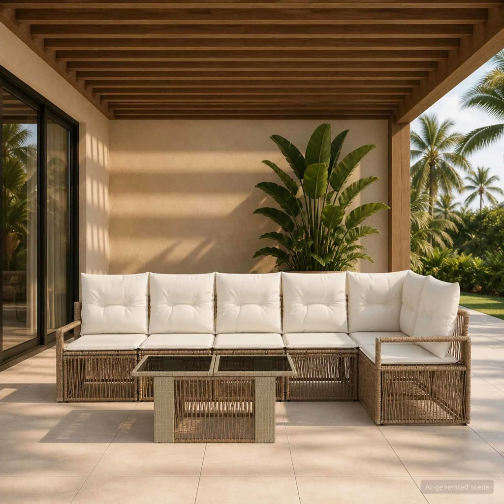 Set Divano da Giardino 7 pz Beige e Bianco Crema polyrattan 3437100