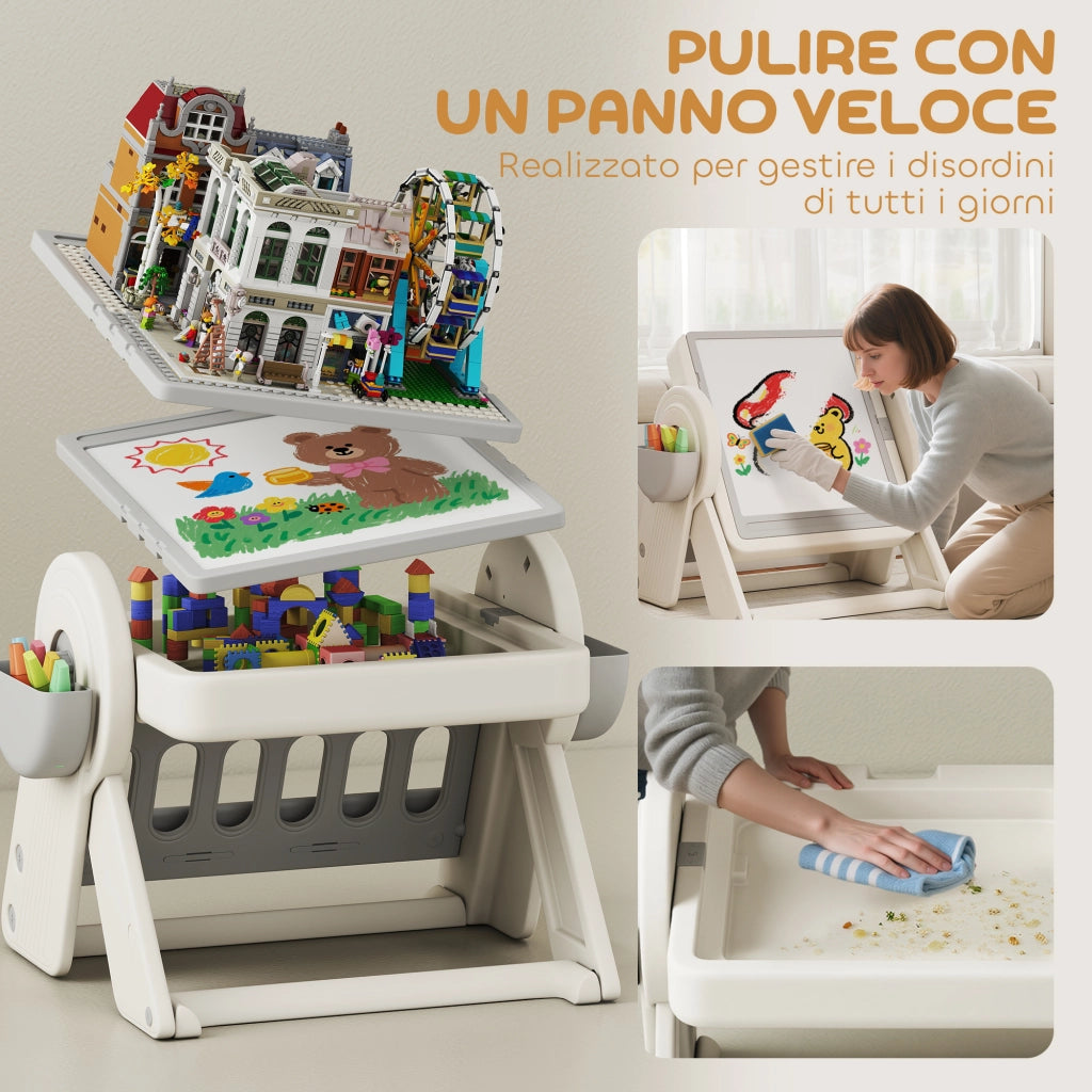 Tavolo Multiuso per Bambini con Ripiano Contenitore e Cassetti in HDPE e PP Grigio e Bianco