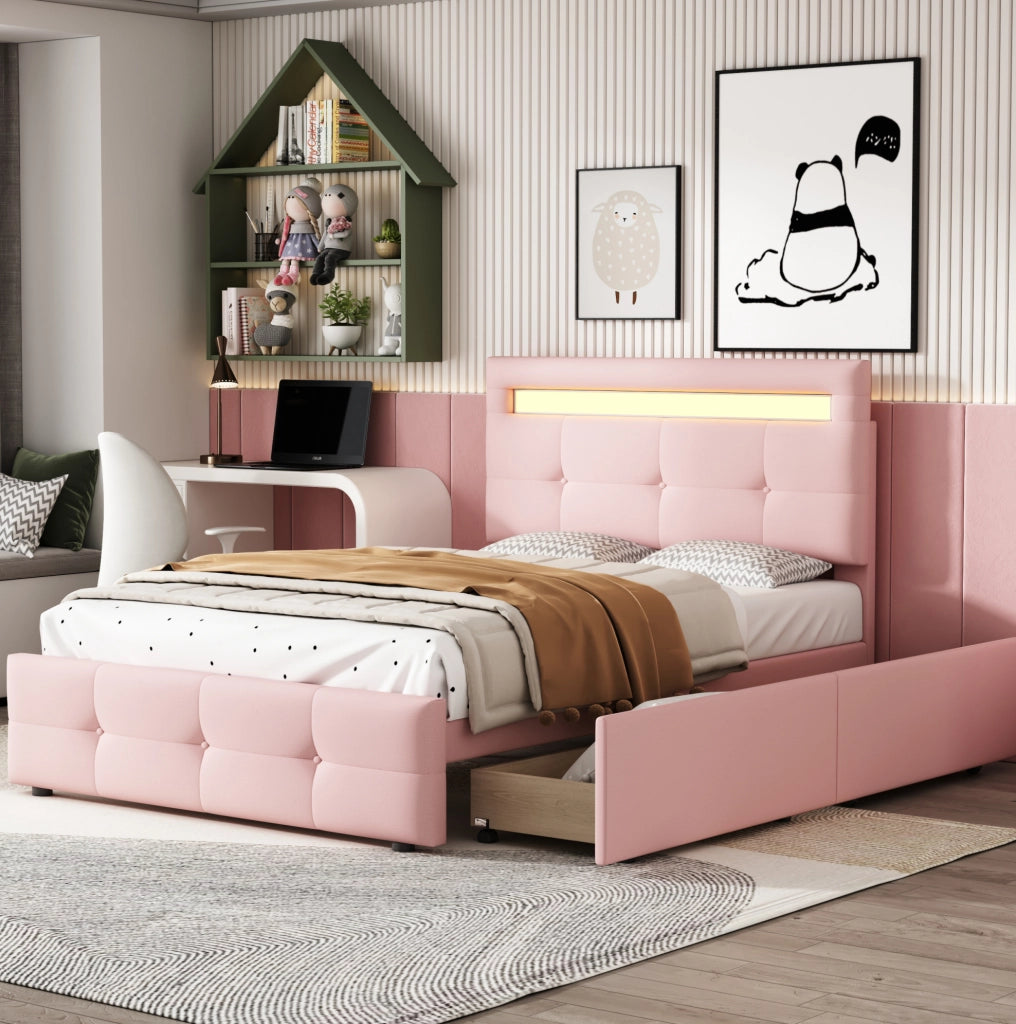 Letto singolo imbottito 90x200 cm con LED e 2 cassetti; rosa