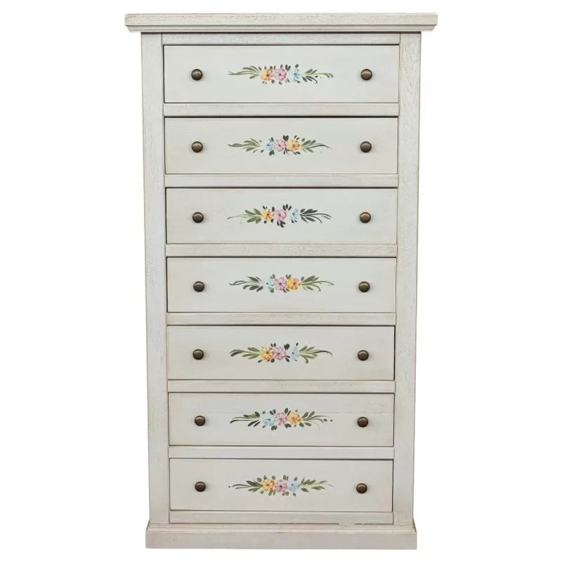 Cassettiera 7 cassetti shabby legno bianco anticato decorata 70x40x120 - Mobili 2G