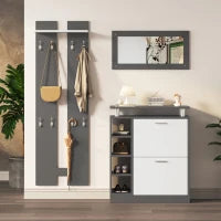 Mobile Appendiabiti da Ingresso a Parete con Specchio, 2 Pannelli a Muro, Mensola e Scarpiera, Grigio e Bianco