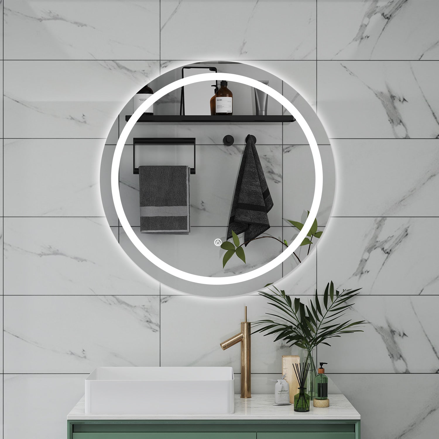 AICA Specchio da bagno 60 x 60 cm, antiappannamento, dimmerabile, interruttore touch, Funzione Memoria