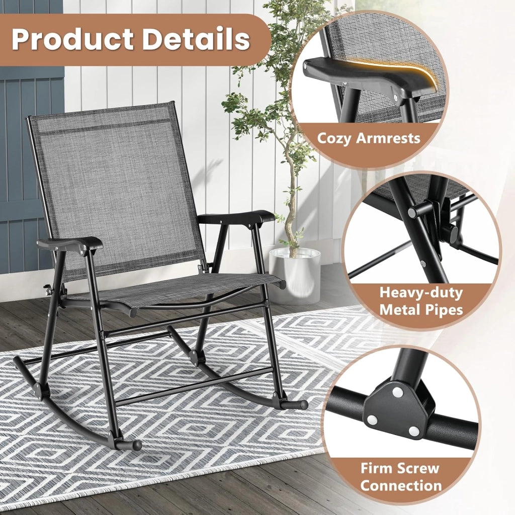 Set Sedie a Dondolo da 2 Pezzi, Poltrone a Dondolo Pieghevoli con Schienale e Seduta Traspiranti, Struttura di Metallo, Portata Massima 150 kg, Sedie Portabili per Patio, Piscina, Spiaggia