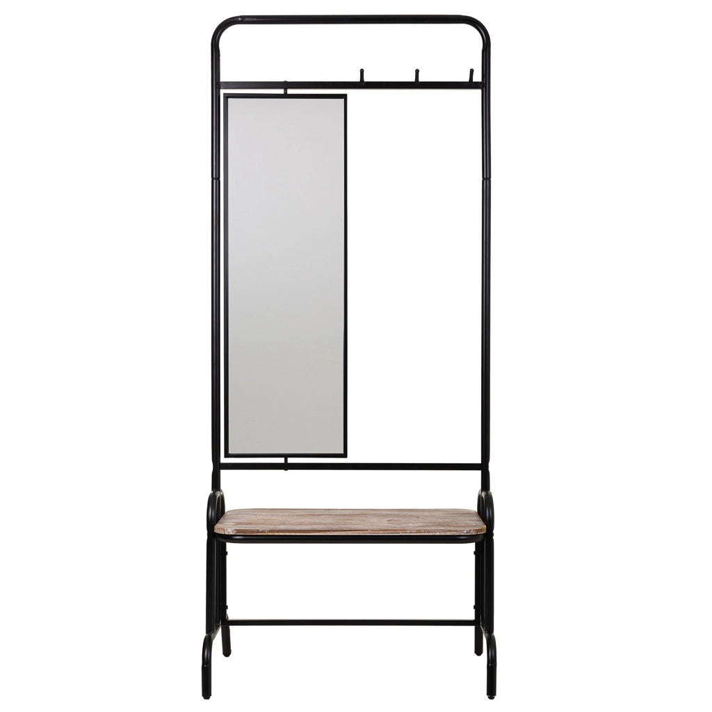Mobile da ingresso con Sgabello e specchio in metallo e legno grigio 77x45x181,5h