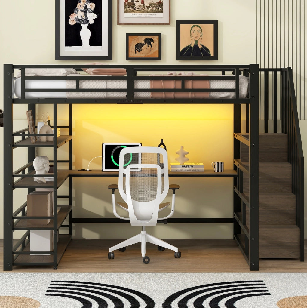 Letto a soppalco 140x200 in metallo con scrivania e LED nero