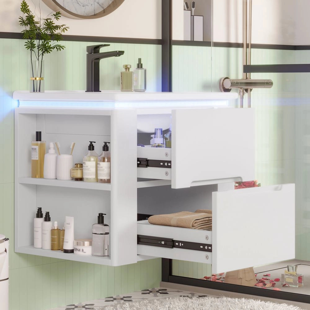 Armoire de salle de bain suspendue - Xylo - 60x46x48,5 cm - Blanc - ??clairage LED ?? d??tection radar, lavabo int??gr??, deux tiroirs