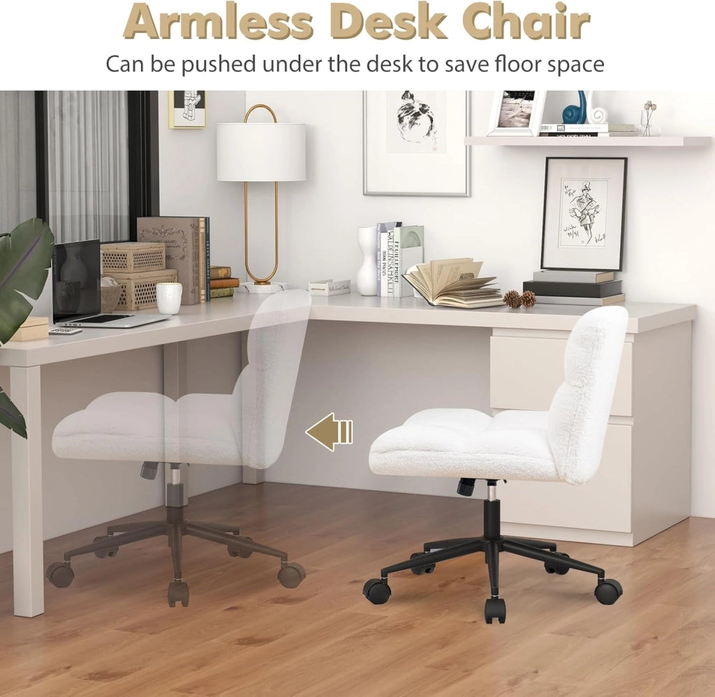 Sedia da ufficio con altezza regolabile, con 5 ruote, 73 x 69 x 79-87 cm, sedia girevole con gambe incrociate e seduta imbottita, sedia senza braccioli, per soggiorno, studio (beige)
