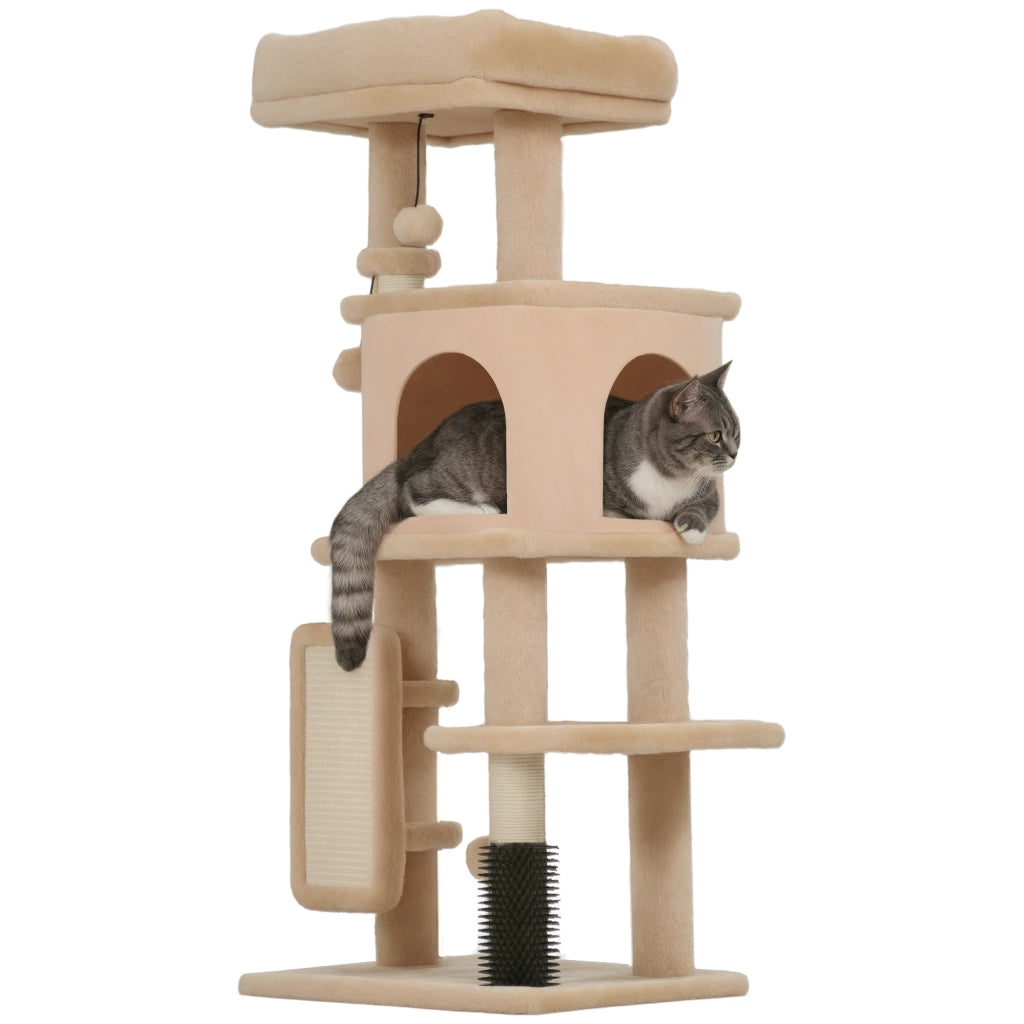 Albero per Gatti Multilivello Alto 104 cm con Casetta, Lettino, Pali Tiragraffi, Spazzola e Pallina, Beige