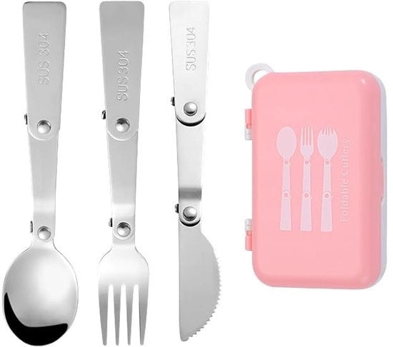 Set da cucina pieghevole 3 pezzi - Cucchiaio/Forchetta pieghevole - Acciaio inossidabile 304 - Portatile - Cassetto di conservazione - Risparmio di spazio - Set da cucina portatile