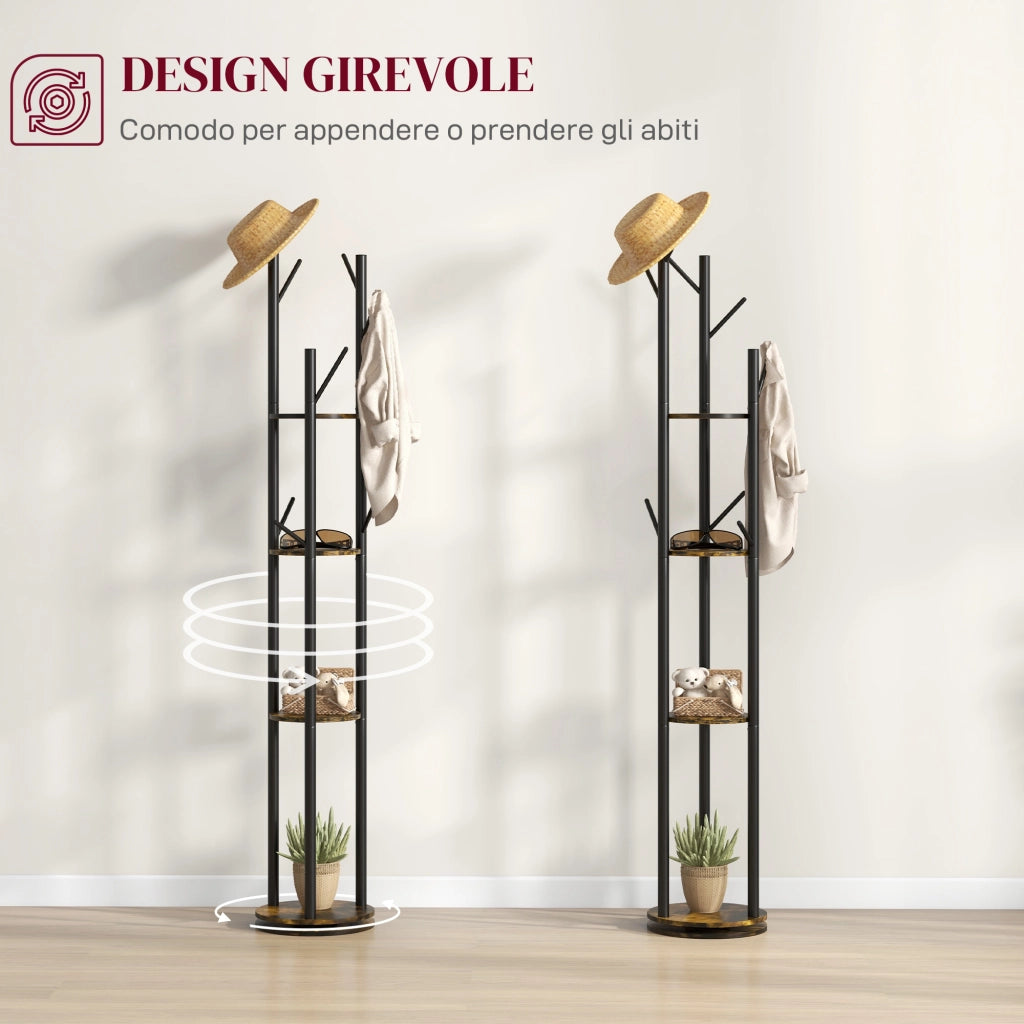 Appendiabiti da Terra Girevole con 8 Ganci e 4 Mensole in Stile Industriale, ?30x175cm, Marrone