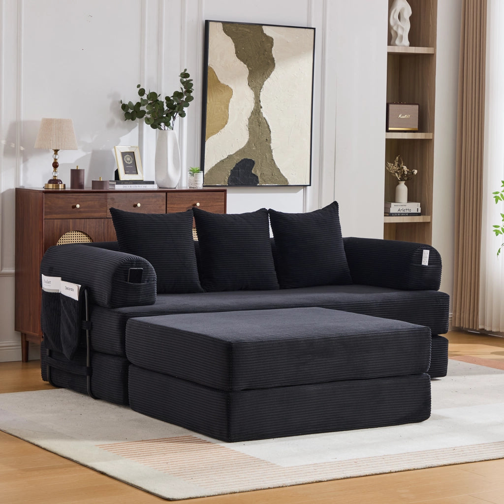 DIVANO modulare in velluto a coste 200x190x67 cm nero con 3 cuscini e pouf
