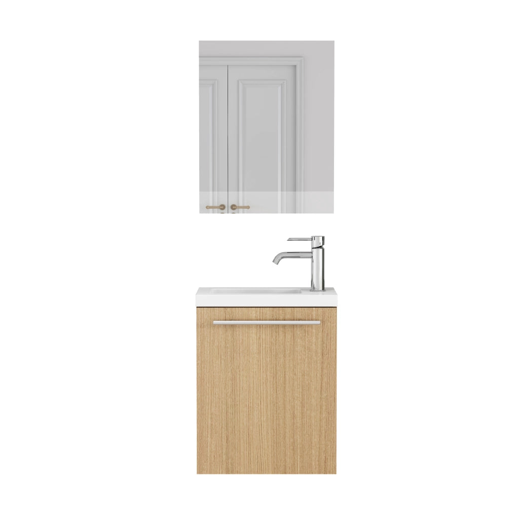 Mobiletto da bagno a parete con lavabo in ceramica e specchio, maniglie in metallo, cerniere con chiusura ammortizzata, completamente preassemblato,