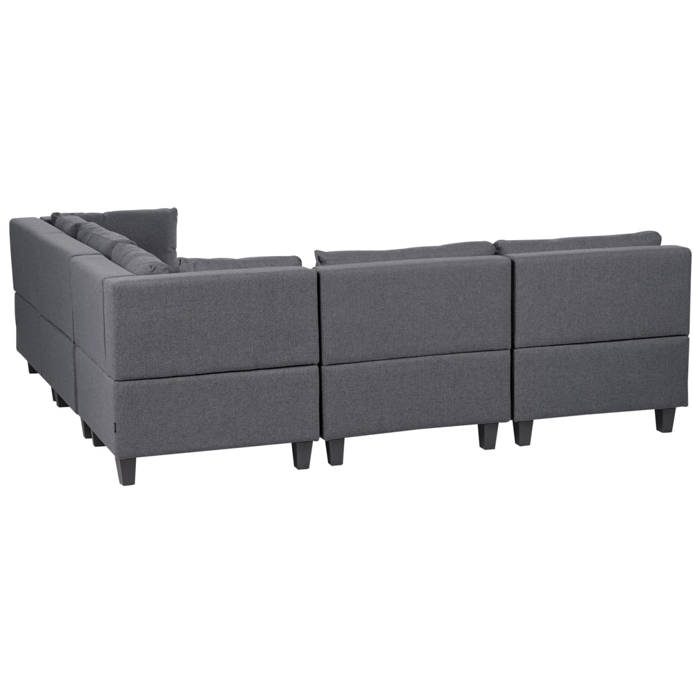 Divano componibile a 5 posti imbottito lato sinistro in tessuto grigio scuro con gambe nere e pouf stile moderno